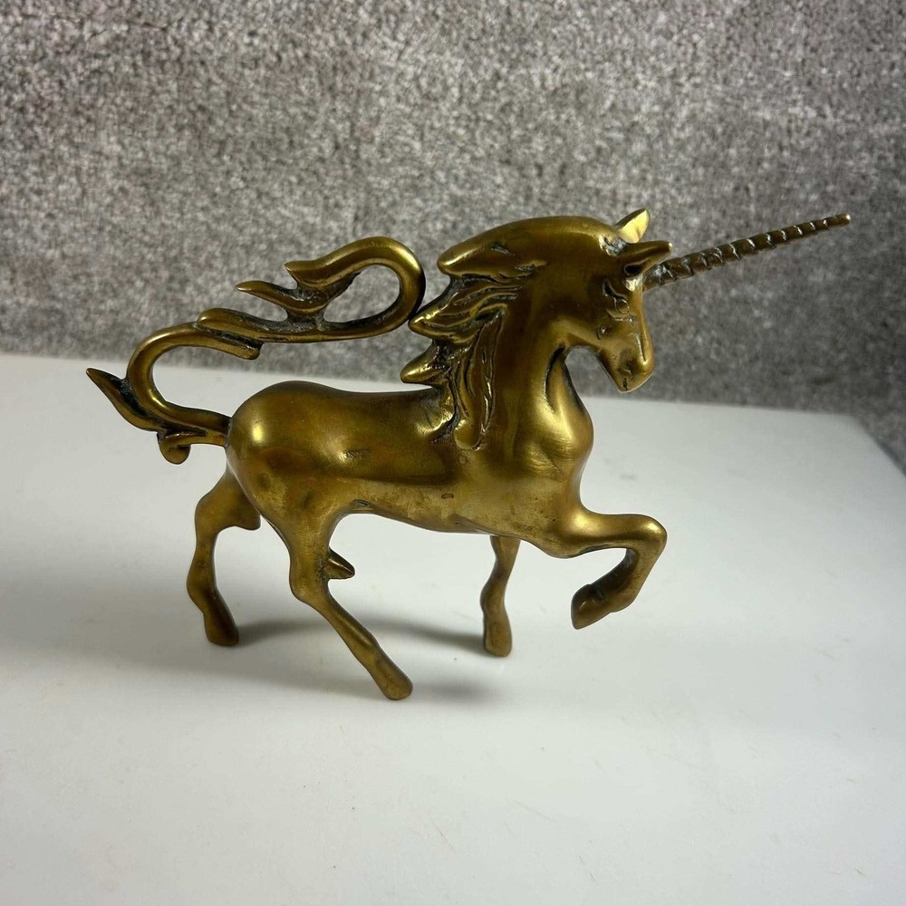 Vintage Brass Unicorn Figurine Gold Prancing Mythical Statue - Picture 4 of 8